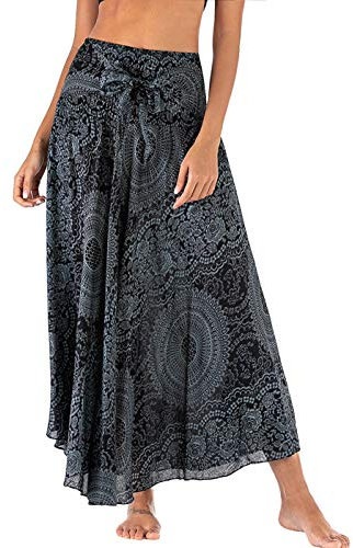 Damen Maxirock Böhmischen Einheitsgröße Lange Rock Floral Elastische Taille Verstellbare Kleid Sommerrock Boho Blumenmuster Strandrock Großer Saum Tanzrock Bauchtanz Bohemien Strandkleider-Schwarz-B