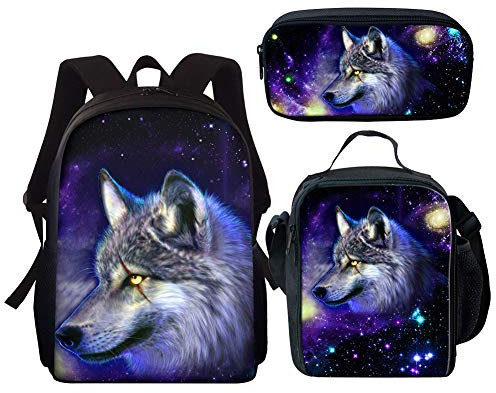 Kuiaobaty Schulranzen Set für Mädchen Jungen 3 in 1 Schultasche mit Lunchtasche Federmäppchen für Mittelschule Schule, Galaxy Wolf, Einheitsgröße, Modern