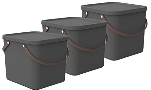 Rotho Albula Set Aufbewahrungsbox mit Deckel 3 x 40 L stapelbar Anthrazit | Aufbewahrungsboxen im 3er-Set, stapelbare Boxen, recycelter PP-Kunststoff, 40 L je Aufbewahrungsbox, mit Deckeln, Anthrazit