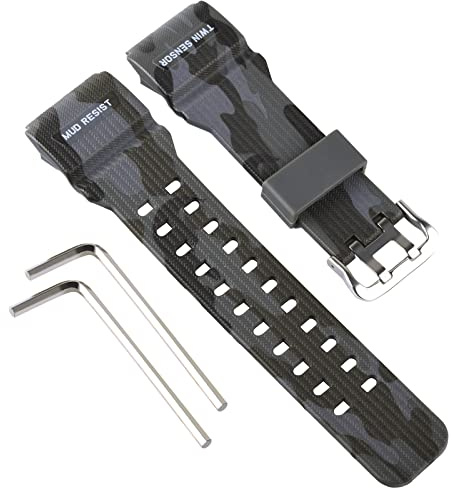 OliBoPo Natural Resin Replacement Watch Strap for Casio Mens G-Shock Master of G Mudmaster Twin Sensor Sports Watch GG-1000/GWG-100/GSG-100 (Camouflage Grey) (LE)