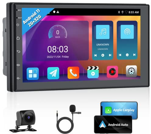 2G+32G Double Din Touch Screen Car Radio with Wireless CarPlay Android Auto,7 inch Car Stereo with Bluetooth FM RDS Audio,iOS/Android Mirror Link Car Multimedia Player,GPS Navi Reversing Camera Mic