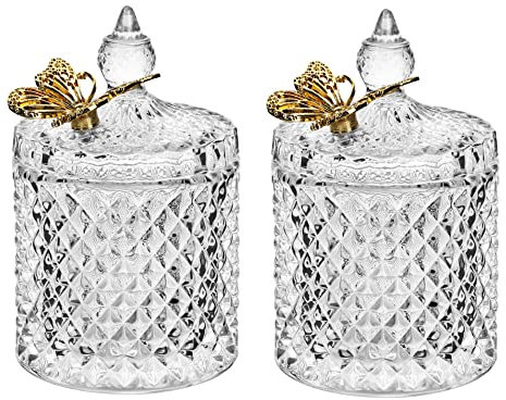Ezebesta 2PCS Vintage Bathroom Canisters Cute Butterfly Lids Small Thick Clear Glass Jar Set Qtip Holder Dispenser for Cotton Ball & Pads Storage Organization Decor
