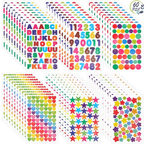 60 Foglio 3240 Pezzi Adesivi per Bambini, Adesivi Premio per Bambini a Forma di Cuori Stelle Punti Lettera Colorati Stickers, Stickers Bambini Attacca Stacca DIY per Scuola Ufficio Regalo Scrapbooking
