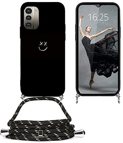 EuoDuo Kompatibel mit Nokia G11 /G21 Hülle mit Band Handyhülle Handykette Schwarz Silikon Muster Motiv Schutzhülle Kordel zum Umhängen Necklace Halskette Cover - Lächeln