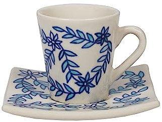 Gall&Zick Handbemalte Espressotasse mit Unterteller – „Little Blue Flower“, Weiß-Blaues Blumenmotiv, 90 ml Keramik, Spülmaschinengeeignet, Geschenkidee für Espresso-Liebhaber, set/4