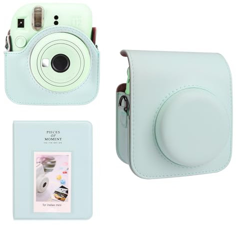 Meetikar Kameratasche und 64 Taschen Fotoalbum kompatibel mit Fujifilm Instax Mini 12 Sofortbildkamera, PU Leder tragbare Mini 12 Kameratasche mit verstellbarem Schulterriemen (Grün)