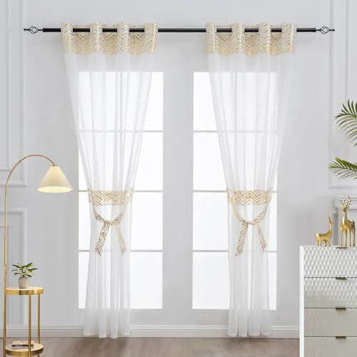 L.Z.E Rideaux Courts Aspect Lin avec Œillets Transparents en Polyester Blanc Doré pour Salon avec Motif H 145 X L 140 Cm, Blanc Doré Lot de 2