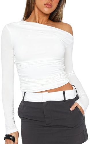Women's Y2K Slim Fit Crop Tops Casual Solid Color Off Shoulder Crew Neck Long Sleeve Tight T-Shirt Basic Blouse Tee Tops (A1 White, S)
