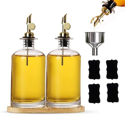 HNJZX Botella dispensadora de aceite de oliva para cocina, boquilla y embudo gratis, 4 etiquetas, juego de dispensador de aceite y vinagre, botella de aceite para cocinar recipiente de vidrio, 350 ml,