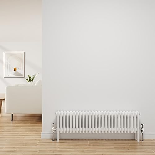 NRG Traditional Radiator Gloss White 4 Column Horizontal 300x1190mm | Central Heating Bathroom Radiator, Wall Radiator, Column Radiator, Mild Steel, Kitchen Radiator, for Living Room, Dining Room