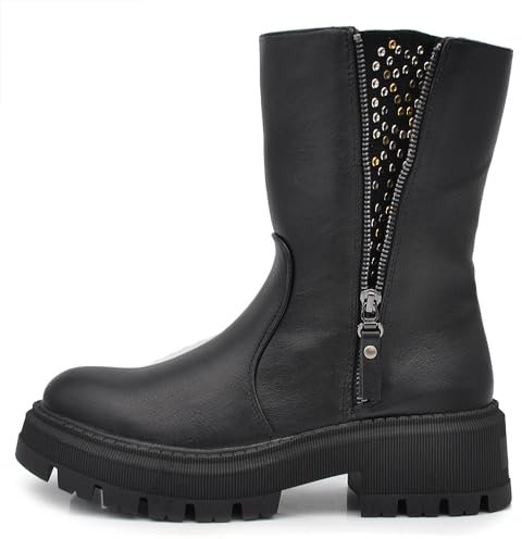 IF Stivali Stivaletti Anfibi Biker Motociclista Caviglia Con fibia Da Donna Zip Strass Doppio Uso YG900 Nero N.36