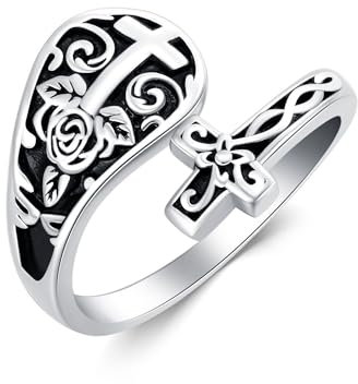 VONALA Cross Rose Spoon Ring Sterling Silver Vintage Victorian Style Adjustable Thumb Ring Flower Faith Antique Jewelry for Women