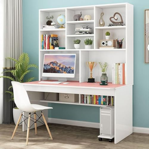 FAANAS Computer Desk with Hutch & Bookshelf, Writing Study Desk Writing Desk Modern Compact Office Desks & Workstations for Home & Office(100cm, Pink)