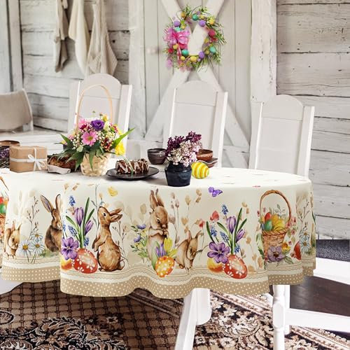 Yighty Ovale Oster-Tischdecke, 152,4 x 213,3 cm, Frühlingsblumen- und Hasen-Ostereier, Aquarell-Tischdecke, wasserdicht, knitterfrei, für Urlaub, Küche, Esszimmer, Frühling, Ostern
