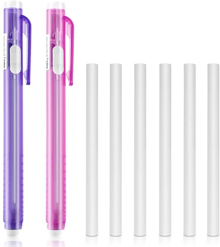 Molain Set di gomme a scatto retrattili a forma di penna, 2 pezzi, con 6 ricariche di ricambio, per scuola, ufficio, pittura, scrittura (rosa, viola)
