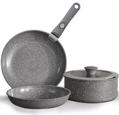 Vkoocy Set di pentole e padelle antiaderenti grigie con manico rimovibile, set di pentole in ceramica con manico staccabile, 5 pentole impilabili a induzione, lavabili in lavastoviglie/forno, senza