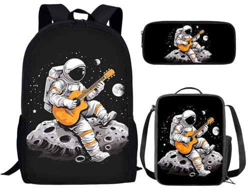 chaqlin Astronaut Gitarre Rucksack für Kinder Jungen Schultaschen Set Buchtaschen Große Reise Rucksäcke Set 3-Pack Kindergarten Schultaschen mit Mittagessen Taschen Bleistift Fall