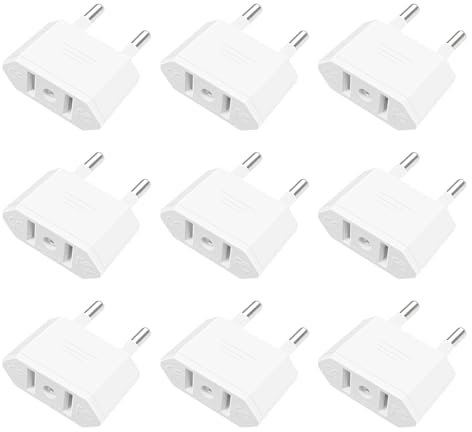 Fiotha Adaptador Enchufe USA a Español/Europeo, 9 Piezas, para Viaje a Europa/España, Blanco