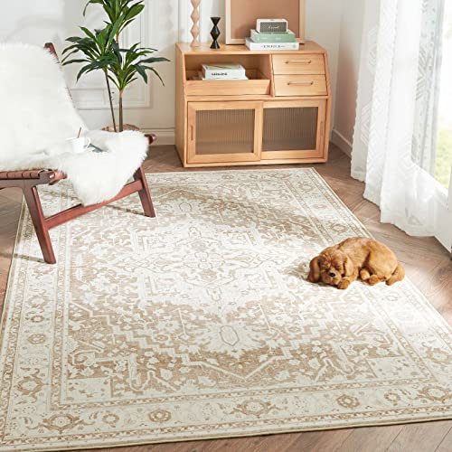 TOPICK Floral Print Teppich Wohnzimmer 120x180(cm) Vintage Taupe Waschbarer Outdoor Teppich,Kurze Zotten Teppich Ultradünn Rutschfester,Carpet Living Room Küche Schlafzimmer Kinderzimmer Esszimmer