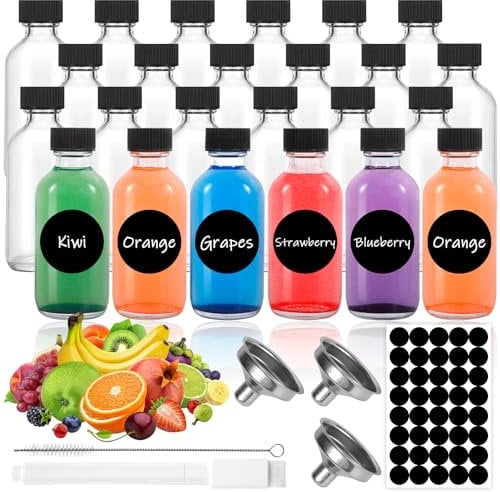 MWZEAUL 24PCS Mini Bouteille Verre Réutilisables, 60ml Bouteille Shot Petit Pot Verre avec Couvercle Entonnoir Étiquette Brosse, Shot Petite Bouteille en Verre pour Gingembre, Mignonette, Rhum, Jus