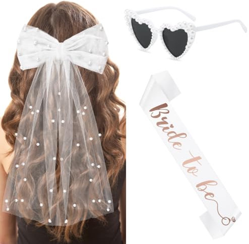 3 Stück JGA Accessoires Frauen- Schleier JGA Weiße, Bride to Be Schärpe, Herz Sonnenbrille Perle, JGA deko frauen für Junggesellenabschied Brautparty und Hochzeitsfotografie