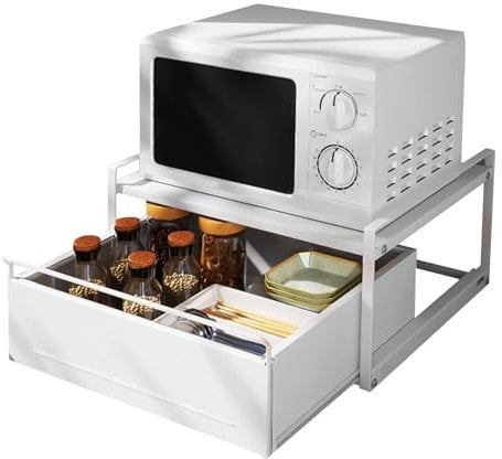 maxant Microwave Stand, 2-Tier Extendable Microwave Oven Rack, Adjustable Countertop Microwave Rack Storage With Drawer, Kitchen Storage Organizer, Seasoning Shelving, for Desktop Shelf (1-Tier)