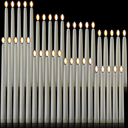 Baquler 40 Pcs Flameless Taper Candles LED Flickering Taper Bulk Battery Operated Flameless Candle for Halloween Christmas Birthday Wedding Decoration, 8.5/9.7/10.8/12.8 Inch(Beige)