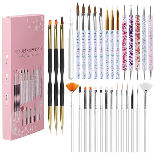 31 Pièces Pinceau Nail Art Ongles Professionnel, Pinceaux Nail Art pour Gel UV acrylique, Pinceaux Ongles en Détail Dotting Pen à Double Extrémité, DIY Décoration Pinceau Ongle et Manucure