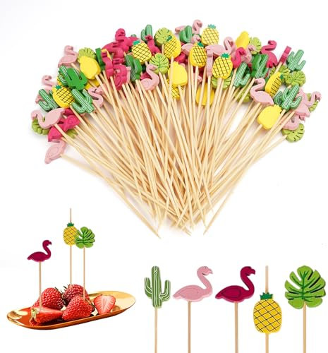 120 Stück Cocktailspieße,13 cm Fingerfood Spieße,Cocktail Picks Holz Zahnstocher,Hawaii Partyspieße Sticks,Grüne Blätter Flamingo Ananas Kaktus Cocktail Sticks für Geburtstag Party Hochzeit Dekoration
