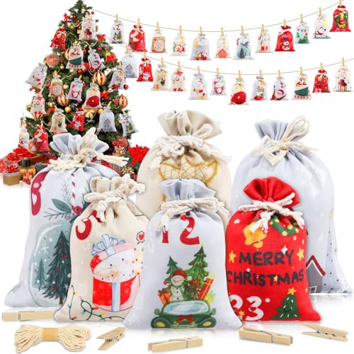 Adventskalender zum Befüllen Stoff Adventskalender 2024 Selber Befüllen Kinder 24 DIY Adventskalender Säckchen Groß Wiederverwendbar Weihnachtskalender zum Befüllen Tüten mit Klammer(10x15cm/13x18cm)