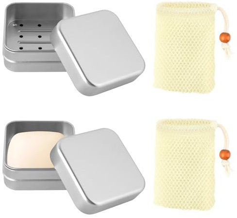Lot de 2 boîtes à savon de voyage en aluminium (avec 2 sacs à savon jaunes) - Résistant à l'humidité - Avec égouttoir - Porte-savon de voyage pour savon festif - Rangement des médicaments et des
