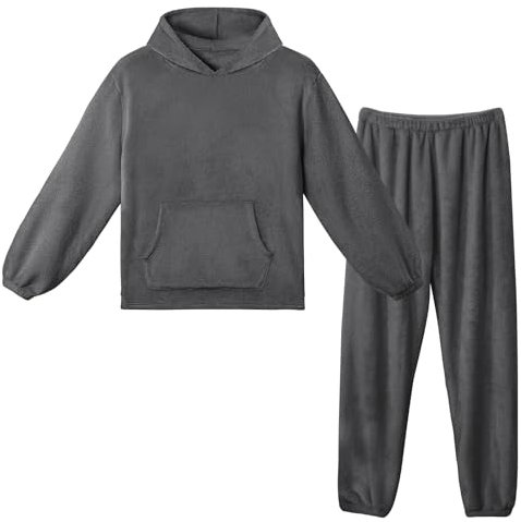 LACOFIA Pigiami in Pile Due Pezzi da Uomo Pigiama Set Invernale con Cappuccio Abbigliamento Caldo da Notte a Maniche Lunghe Adulto Pigiama di Coppia Grigio Scuro XS