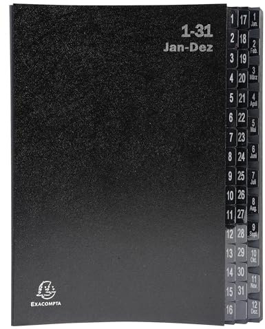 Exacompta - Ref. 57044E – Karton mit 4 Ordnern, fester Einband, innen aus recycelter Karte, laminierte Taben von 1 bis 31 und von A bis Z, 32 Fächer, 24 x 34 cm, Schwarz