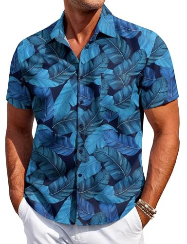 COOFANDY Mens Hawaiian Shirt Short Sleeve Casual Button Down Shirt Flower Printed Beach Tops Summer Holiday Shirt Regular Fit with Pocket Leaf-Bright Blue XXXL