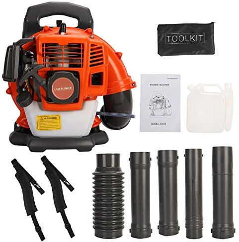 JENPECH Rucksack-Laubbläser gasbetrieben, 52CC Akku-Laubbläser für Rasenpflege, Schneefräse, Laubvolumen, 2-Takt-Motor, 1,7 l, Kraftstofftank, 6800 U/min, Gebläse für Straßenreinigung (Orange)