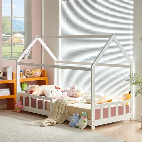 FetiNes Kinderbett 90x200 Hausbett Kinder inkl. Rausfallschutz und Rolllattenrost, Montessori Bodenbett Spielbett Jugendbett weiß aus Massivholz Kiefer