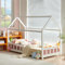 FetiNes Kinderbett 90x200 Hausbett Kinder inkl. Rausfallschutz und Rolllattenrost, Montessori Bodenbett Spielbett Jugendbett weiß aus Massivholz Kiefer