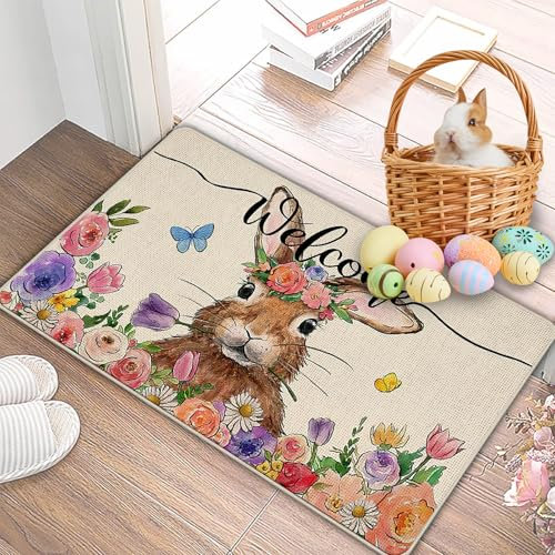 Shyllin Ostern Fußmatte, 40 x 60 cm Hasen Blumen Willkommensmatte Ostern, Frühling Küche Bodenmatte Teppich rutschfest, Osterdeko Fußmatte, Schmutzfangmatte Waschbar für Innen Außen Dekor
