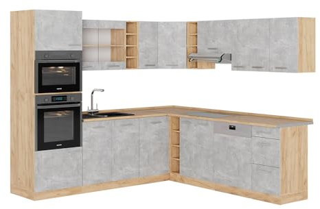 Vicco Eckküche R-Line, Küchenzeile in L-Form, Beton/Goldkraft Eiche, 237 x 247 cm, AP Eiche