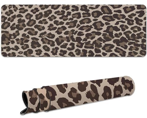 Ksriylm Gaming Mauspad,Schreibtischunterlage Leopard XL 800 x 300mm,Rutschfestes Schreibtischmatte mit Gummibasis,Genähte Kanten Laptop Schreibtischunterlage,Mauspad für Büro und Zuhause,Dunkelbraun