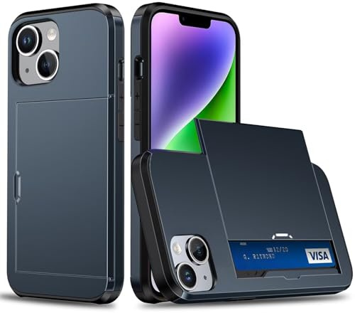 Belzsxy Handyhülle für iPhone 13/iPhone 14 Hülle, mit Kartenfach, Harte PC Stoßfest Robust Fallschutz Outdoor Militär Schutzhülle für iPhone 13/iPhone 14 (Marineblau)