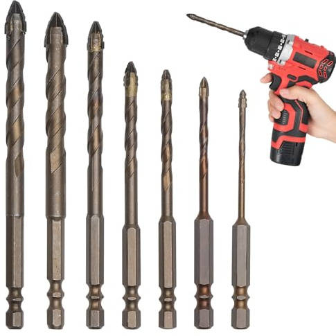 7 pcs Jeu de foret beton excentriques, jeu de foret carrelage en alliage pour béton, verre, céramique, Powerbit, conception antidérapante, jeu de foret bois à béton pour la maison et les artisans