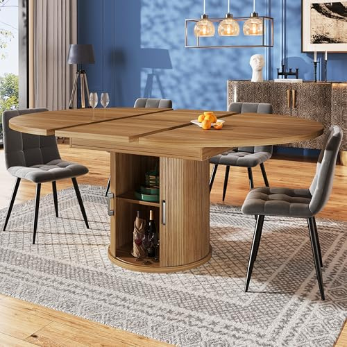 Soweiz Mesa de comedor, mesa de cocina, mesa de comedor extensible, mesa de comedor redonda, extensible a ovalada, 118-158 cm, capacidad para hasta 6 personas (nogal)