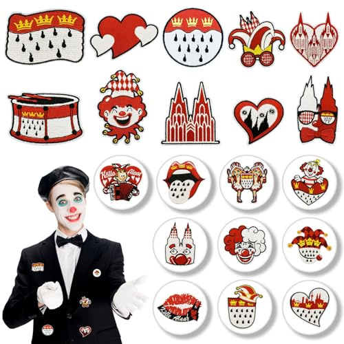 20 Stück Köln Bügelbilder Karneval Rot Weiß Bügelflicken Karneval Anstecker Faschingskostüme Clown Kostüm Accessoires Köln Kostüm Damen Flicken zum Aufbügeln für Erwachsene Kinder Karnevalskostüme