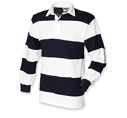 Front Row Hooped Long Sleeve Rugby Shirt in White / Navy Size M