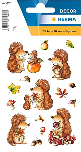 HERMA 3367 Aufkleber Igel klein groß, 48 Stück, Tiere Sticker mit Herbst Motiv, Kinder Etiketten für Fotoalbum Tagebuch Poesiealbum Scrapbooking Geburtstag Dekoration Briefe DIY Basteln