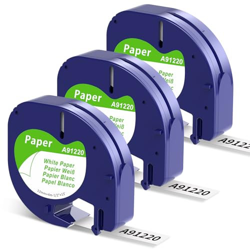 Aken A91220 Band Kompatibel mit Dymo Letratag Paper White 12mm x 4m, White Paper 91220, Kompatibel mit Dymo Etikettenband Papier Weiß für Letratag LT-100H LT-100T 200B XR