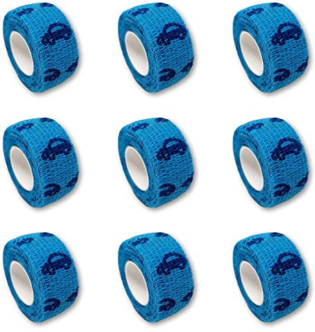 Set of 9 children's band-aids, finger bandage without glue, 2.5 cm x 4.5 m, elastic, water-repellent, cohesive, Auto blau