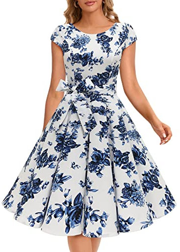 Dressystar Damen Vintage 50er Cap Sleeves Dot Einfarbig Rockabilly Swing Kleider Blaue und Weiße Blumen XXL