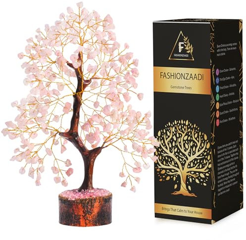 FASHIONZAADI Rose Quartz Gemstone Crystal Tree Healing Crystals & Stones Chakra Trees Reiki Stone Good Luck Bonsai Crystal Home Office Table Décor Gift Size -10-12 inch (Golden Wire)